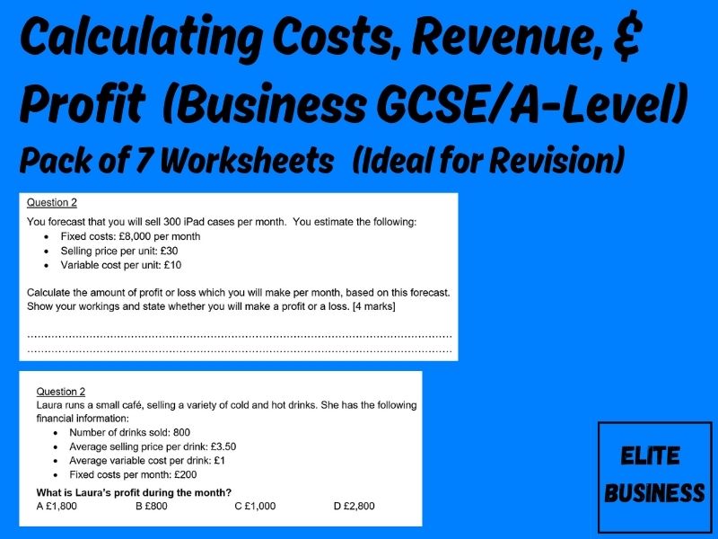 Costs, Revenue, & Profit Worksheets Business GCSE/A-Level