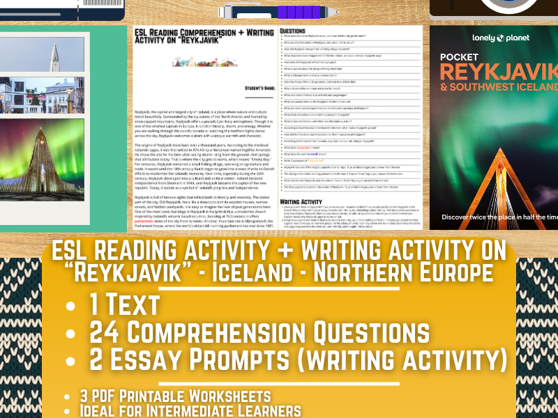 ESL Reading Comprehension + Writing Activity Worksheets - Reykjavík - Iceland