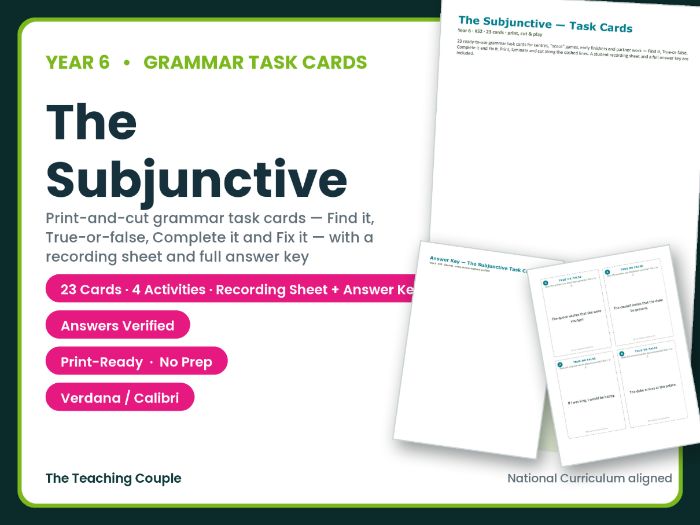 Year 6 The Subjunctive Task Cards – 23 Grammar Cards + Answer Key