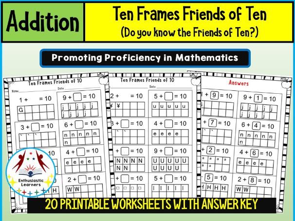 Ten Frames Friends of Ten Addition Worksheets – Beginner Level Math Problems