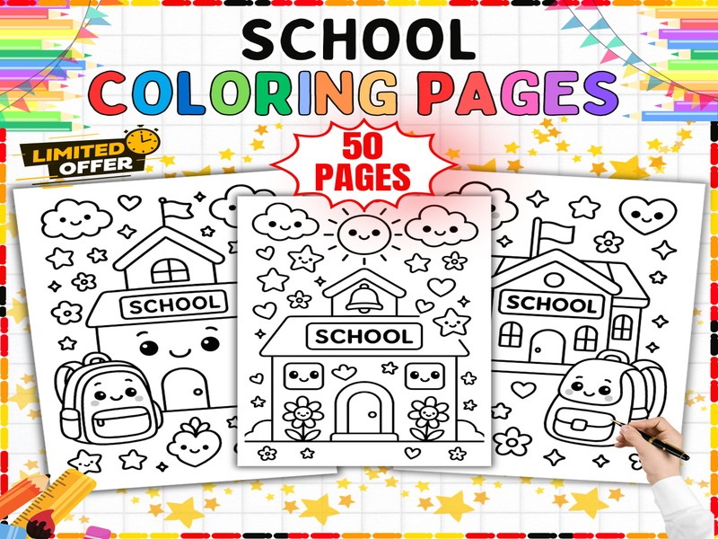 School Coloring Pages | 50 Page Coloring Sheets | Back to School Buildings and Supplies
