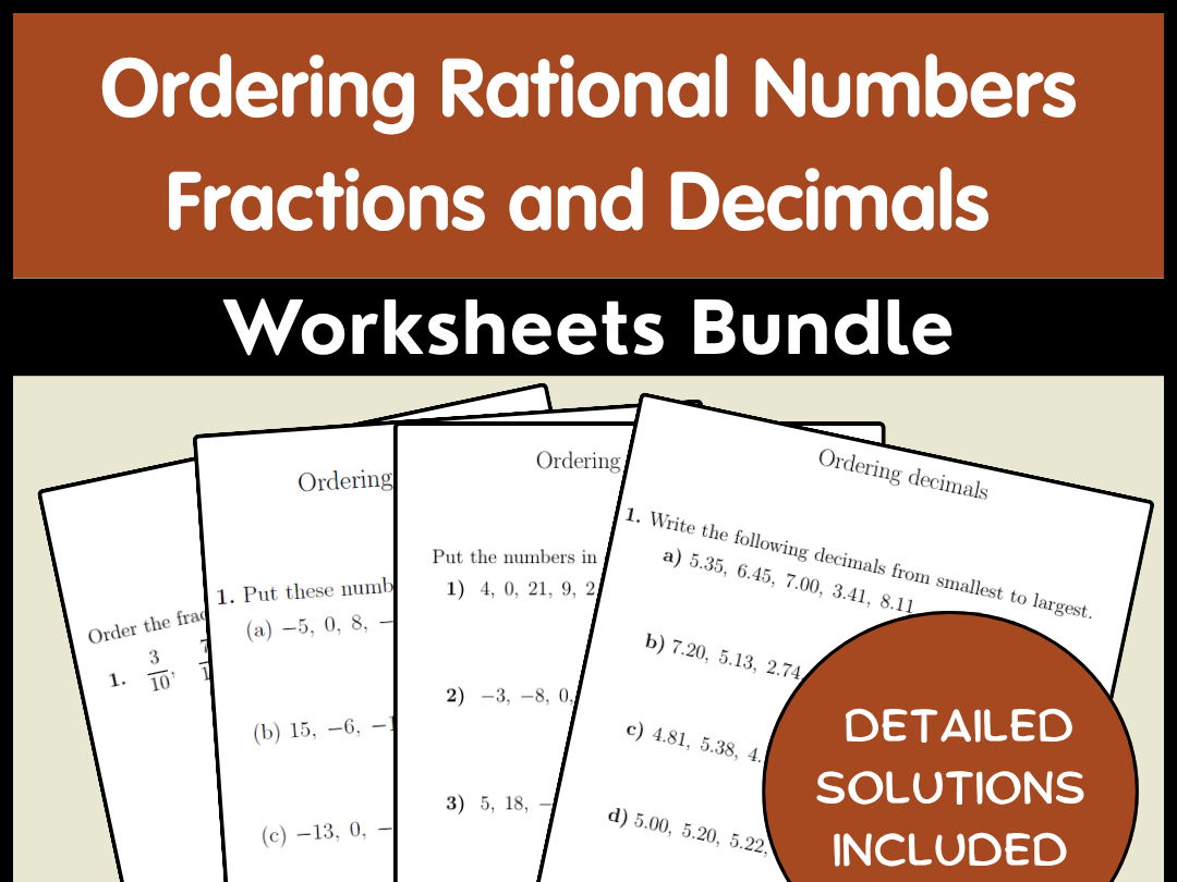 Ordering Rational Numbers Fractions and Decimals Worksheets Bundle