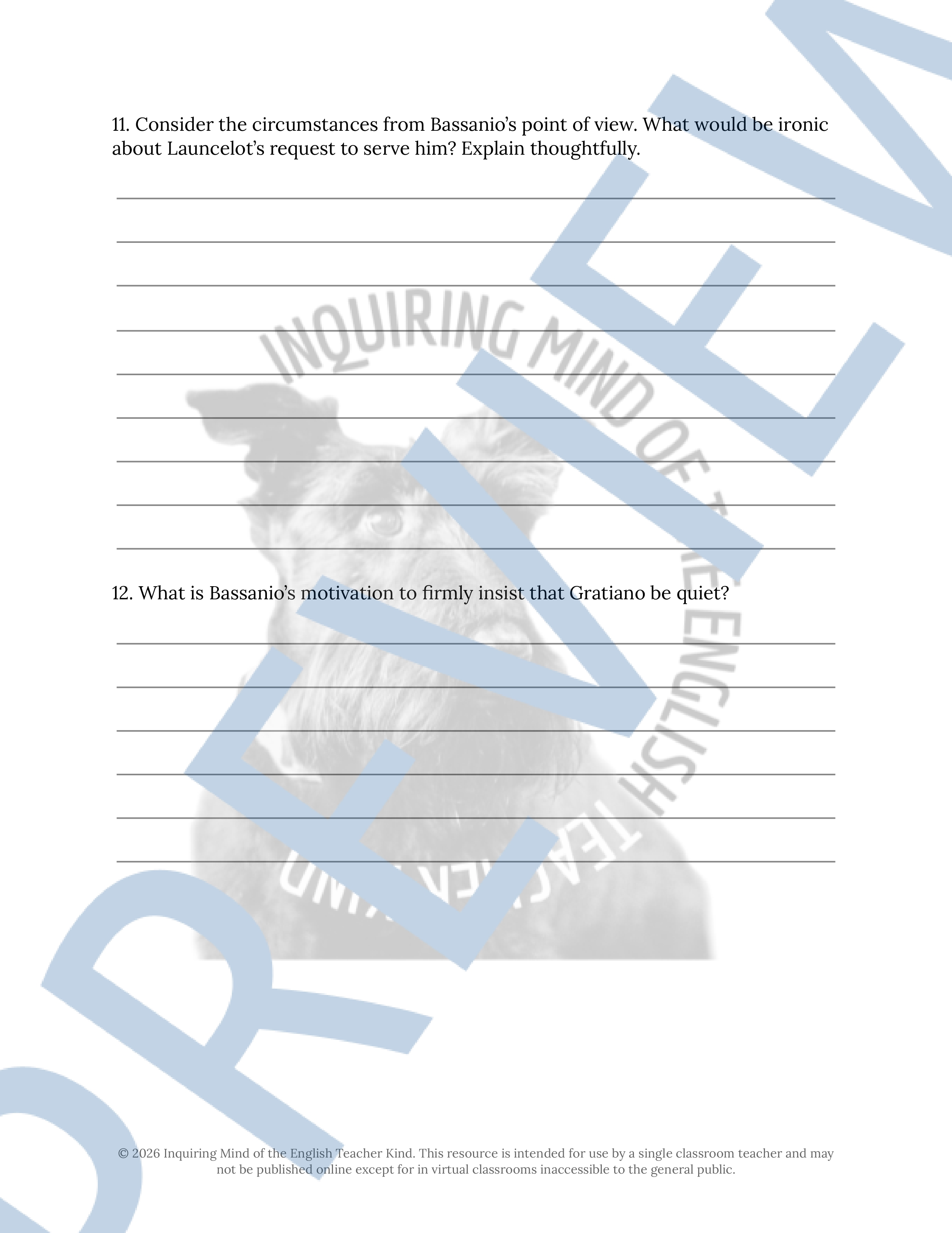 The Merchant of Venice Act 2 Scene 2 Close Reading Analysis Worksheet ...