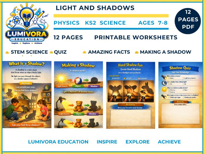 KS2 Science | Light and Shadows STEM Worksheets & Activities (Ages 7–8)