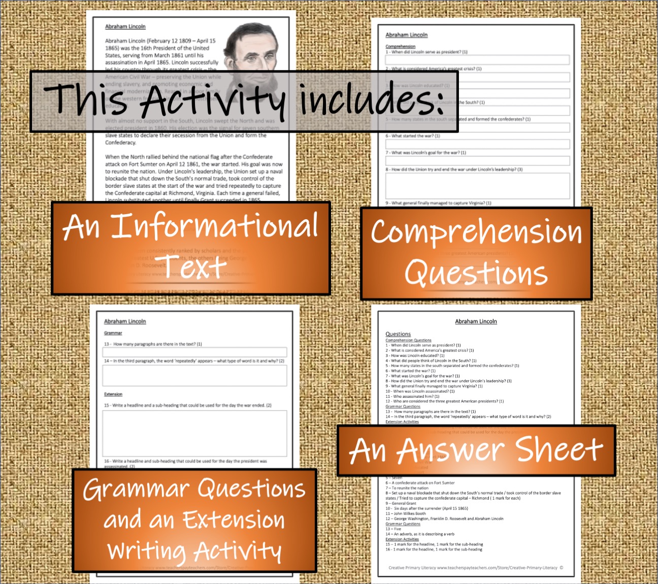 UKS2 Abraham Lincoln Reading Comprehension Activity | Teaching Resources