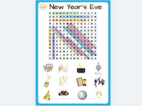 New Year’s Eve Vocabulary Poster Worksheets and Wordsearch activity for ELLs