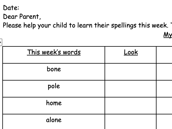 Year 1 spellings for o-e