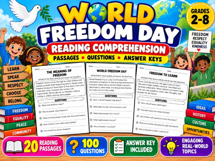 World Freedom Day Reading Comprehension | 20 Passages, 100 Questions & Answer Key
