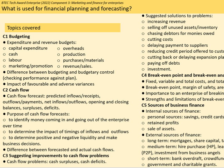 BTEC Tech Award Enterprise 22 Component 3 LO C Financial planning and forecasting