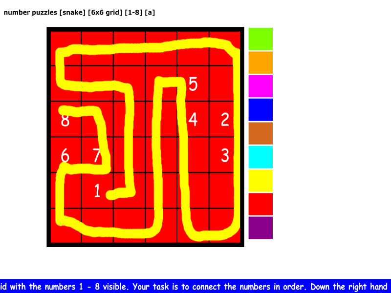 number puzzles [snake] [6x6 grid] [1-8] [a]