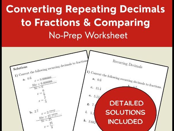 Converting Repeating Decimals to Fractions & Comparing | No-Prep Worksheet