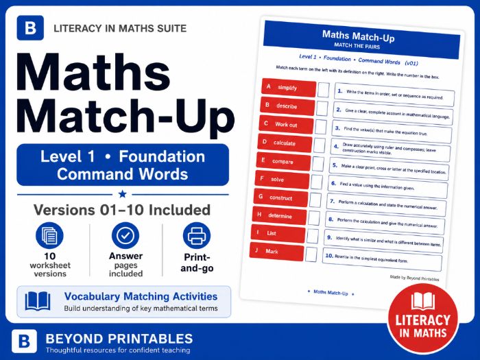 Maths Command Words Match-Up – Level 1 Foundation | 10 Worksheets, Answers & PowerPoint