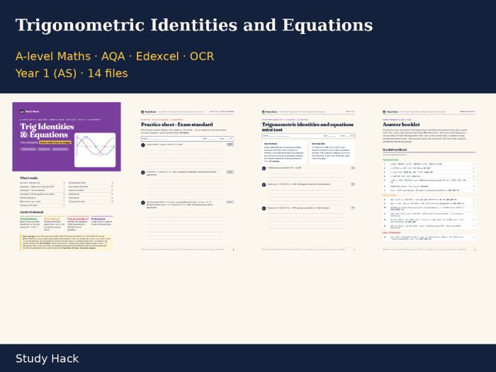 A-level Maths Trigonometric Identities and Equations Complete Topic Pack