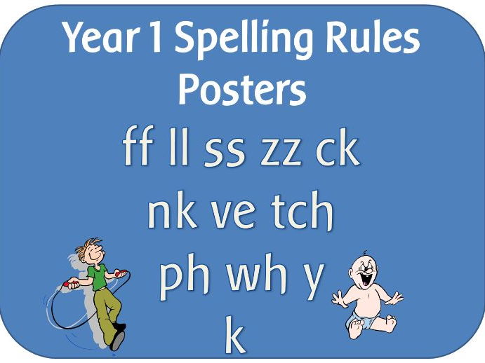 Year 1 Spelling Rules display poster pack - ff ll ss zz ck nk ve tch ph wh y k