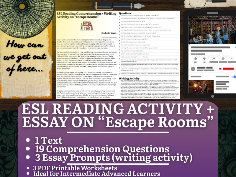ESL Reading Comprehension + Writing Activity Worksheets - Escape Rooms