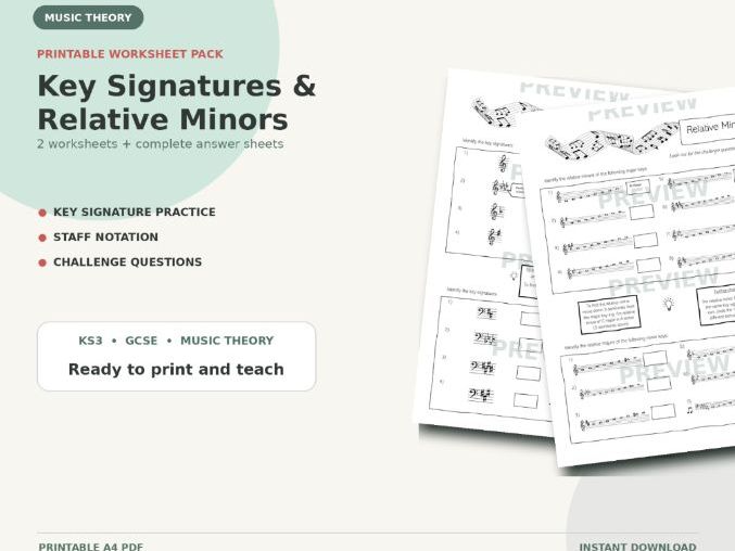 Key Signatures and Relative Minors Worksheet Pack | Printable Music Theory Activities PDF