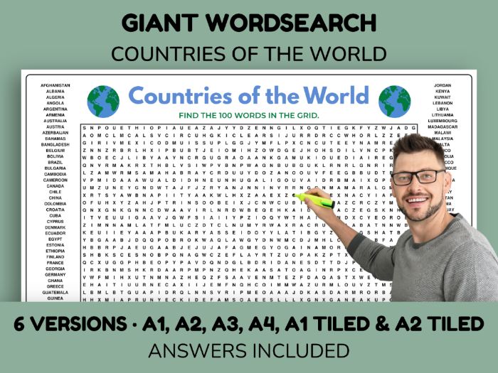 Giant Geography Wordsearch - Countries of the World - Ideal End of Term Geography Lesson