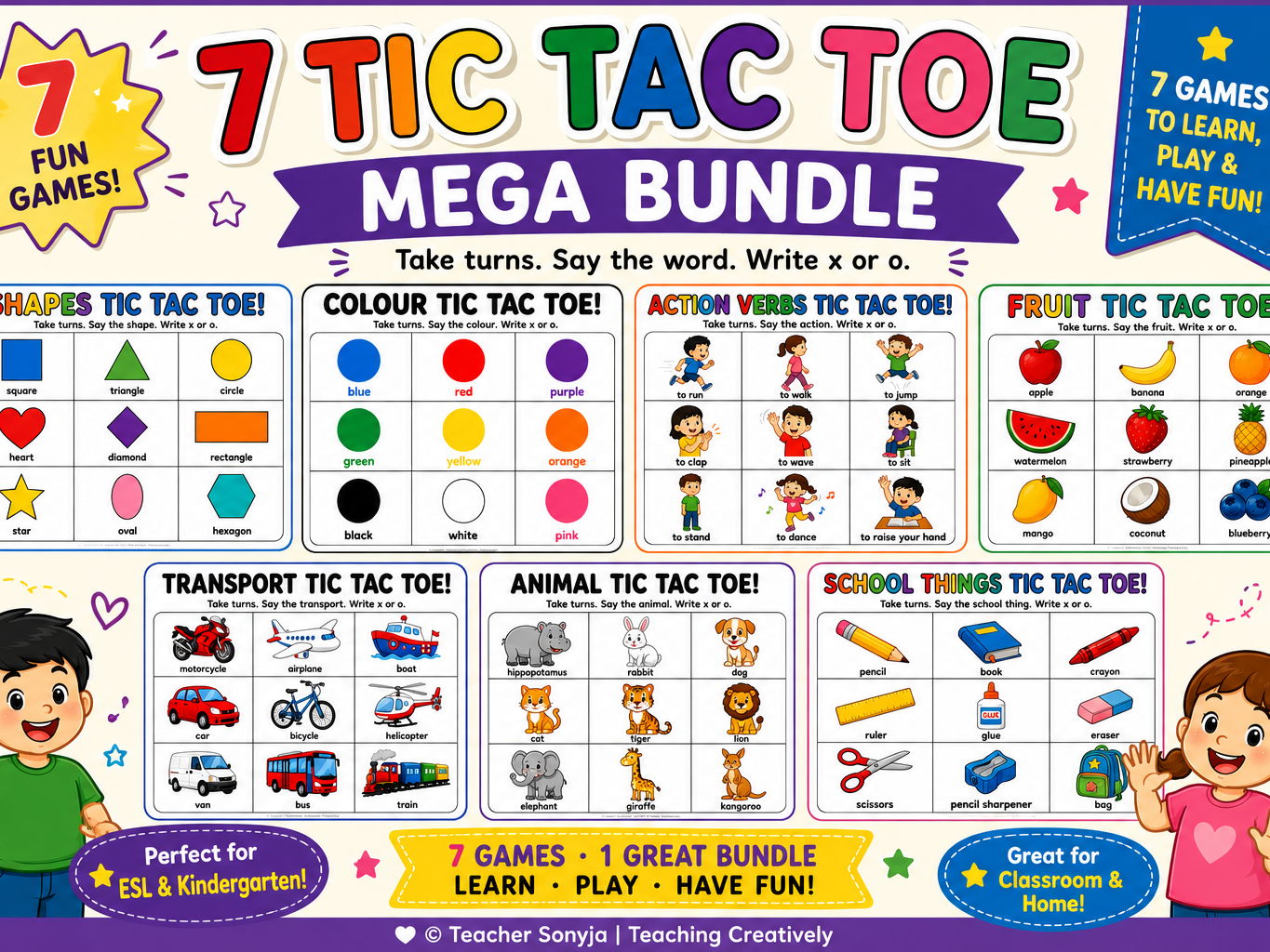 Tic-Tac-Toe Games Bundle – 7 Kindergarten ESL Games