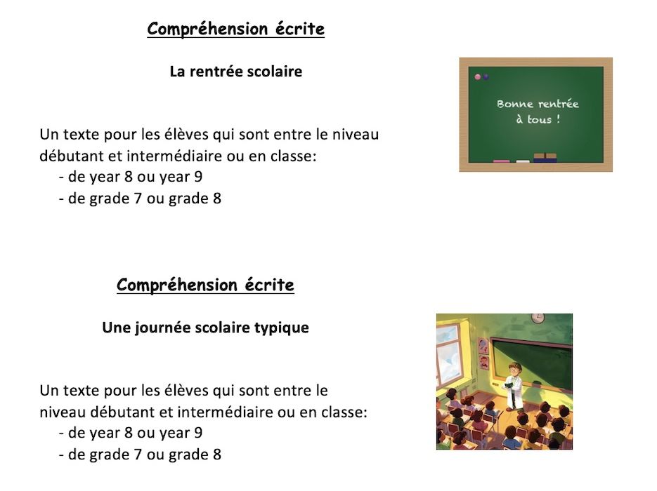 Reading (year 8 or year 9 - grade 7 or 8) bundle: la rentrée et la journée scolaire