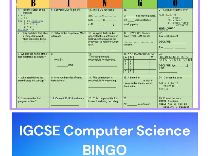 IGCSE Computer Science Bingo