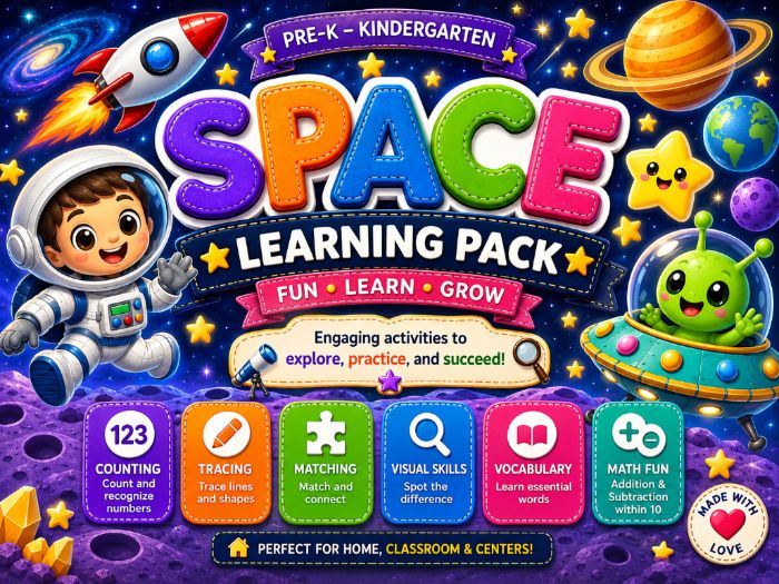 Space Learning Pack for Pre-K & Kindergarten | Counting, Tracing, Matching & Early Math