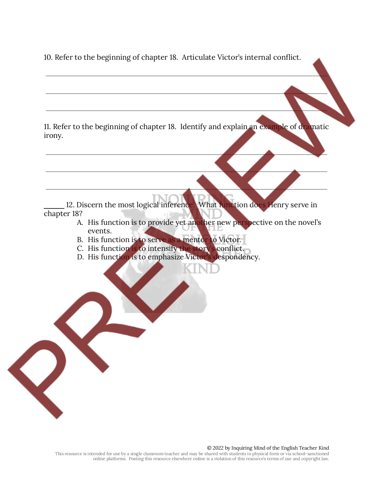 Frankenstein Chapters 16 18 Close Reading Worksheet Teaching Resources