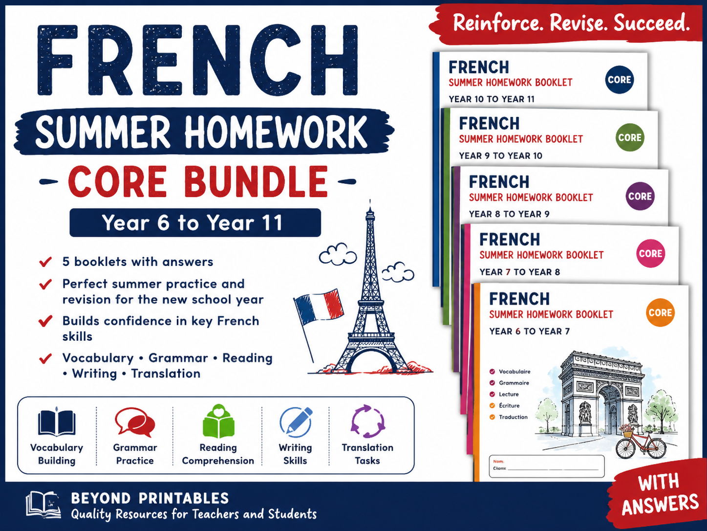 French Summer Homework Core Bundle | Year 6 to Year 11 | KS3 & GCSE Transition | With Answers