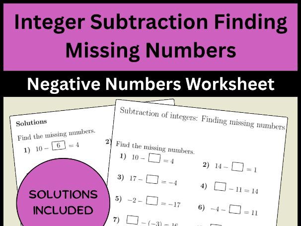 Integer Subtraction Finding Missing Numbers Negative Numbers Worksheet