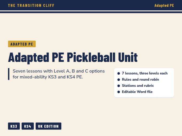 Adapted PE Pickleball Unit: Levels A, B, C for Mixed-Ability KS3 KS4 PE (UK)