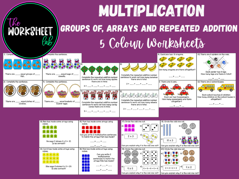 Multiplication - Groups of, arrays and repeated addition Worksheets in Colour