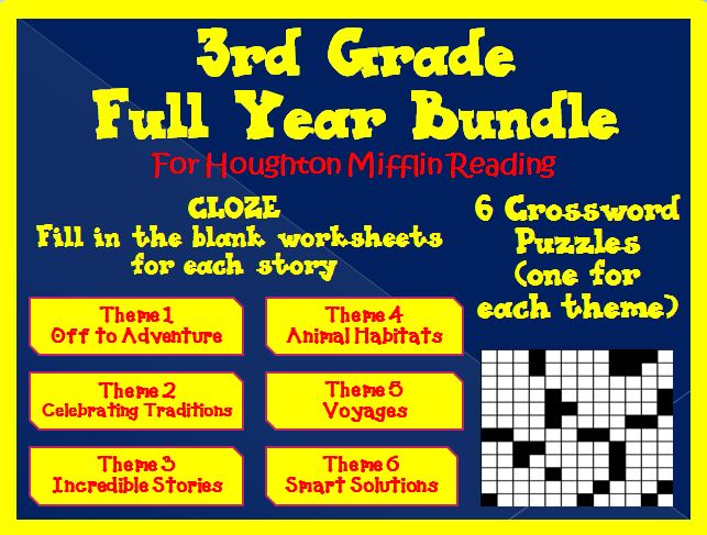 Houghton Mifflin Third Grade Full Year Cloze Worksheets and Crossword Puzzles