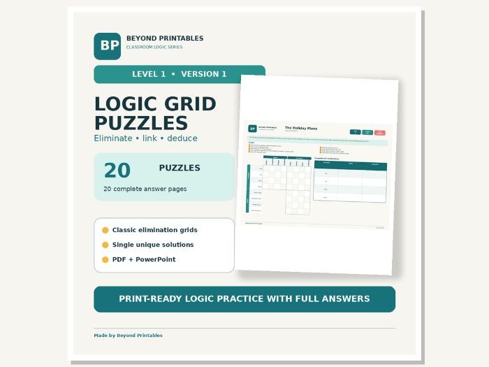 Logic Grid Puzzles Level 1: First Deductions | Version 1, 20 Puzzles