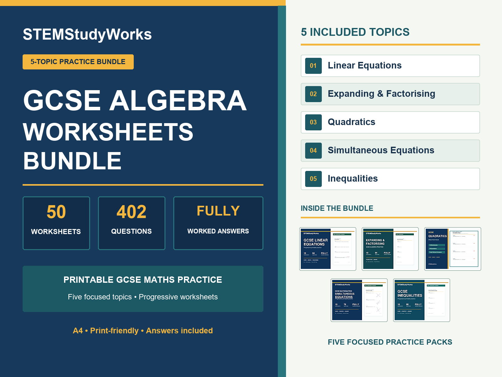 GCSE Algebra Worksheets Bundle with Answers