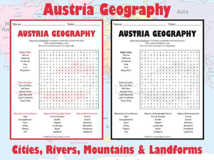 Austria Geography Word Search | Cities, Rivers, Mountains & Landforms Activity