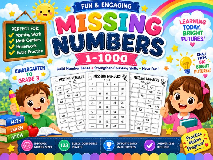 Missing Numbers 1-1000 Worksheets | Number Sequence & Number Sense | Kindergarten to 3rd Grade