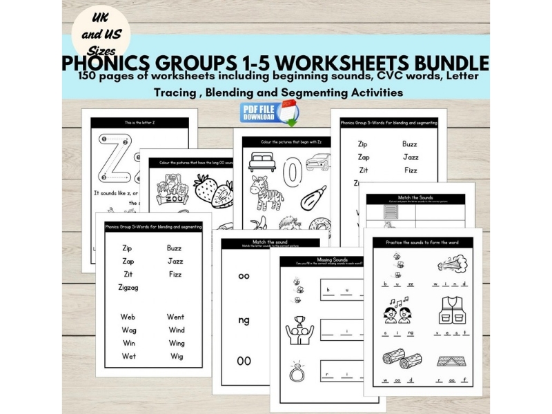 Phonics Worksheets Bundle Groups 1–5, Blending & Segmenting , CVC Words & Tracing