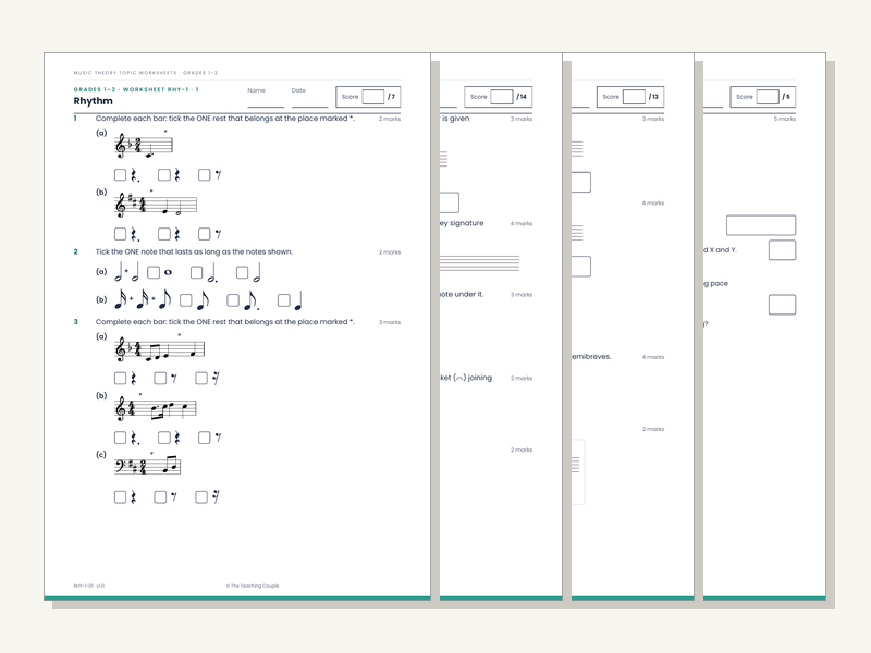 Grades 1–2 Music Theory Worksheets Bundle: All 7 Topics (140 Sheets + Answers)