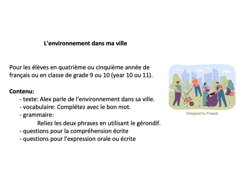 French year 10 or 11 (grade 9 or 10): l'environnement dans ma ville (vocabulary, grammar, reading)