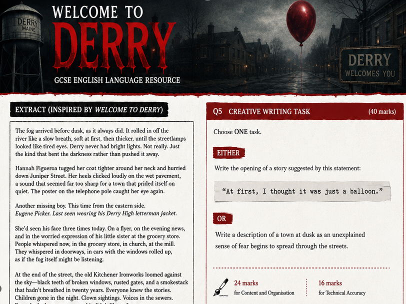 New for 2026 Onwards 'Welcome to Derry' AQA English GCSE Paper 1 Multi-Question Resource & Extract