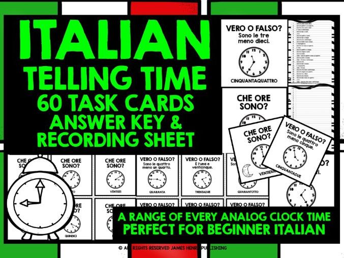 ITALIAN TELLING TIME TASK CARDS RANGE OF ANALOG CLOCK TIMES Teaching