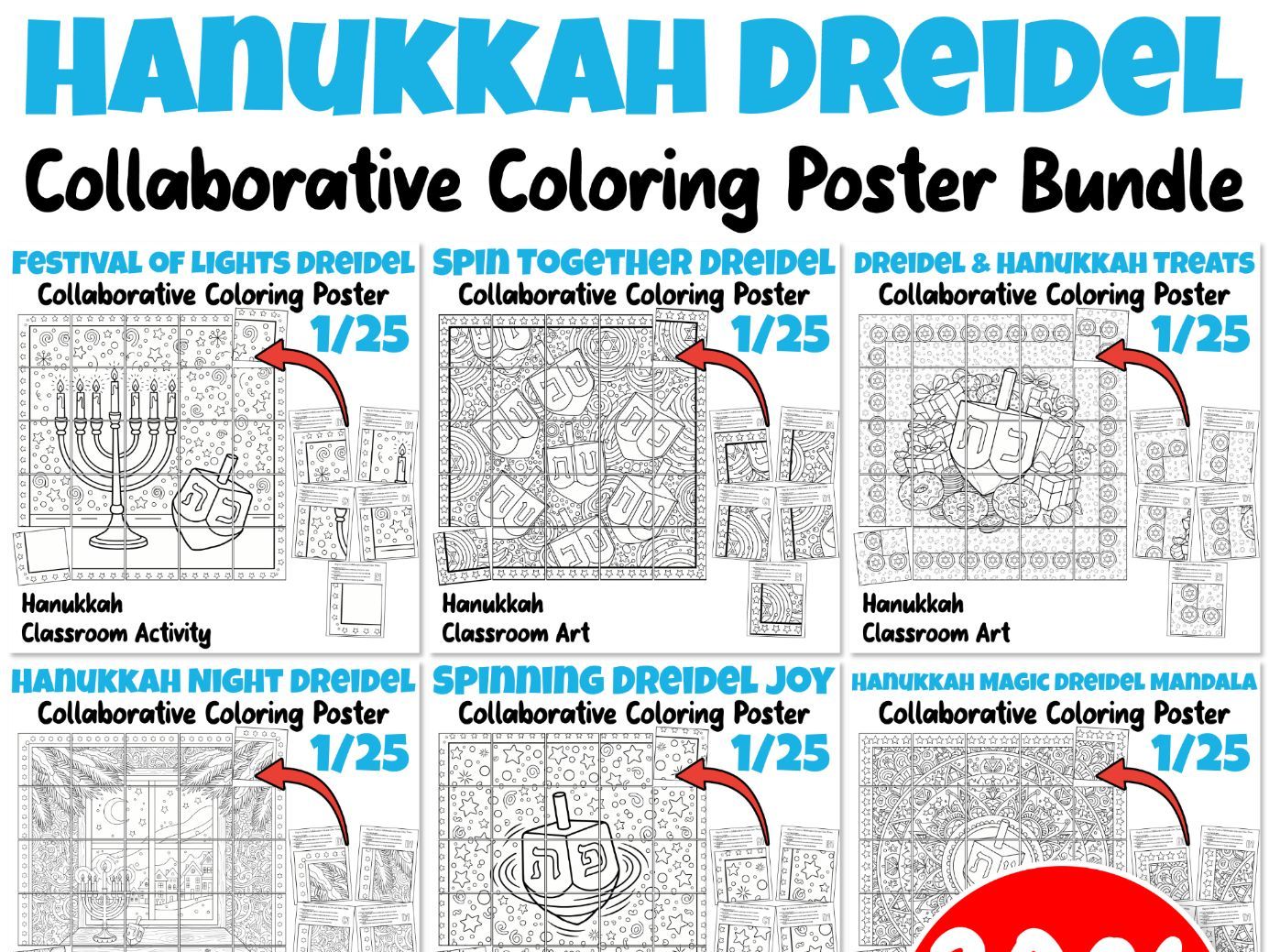 Hanukkah Dreidel Collaborative Coloring Poster Bundle | Festival of Lights Classroom Art