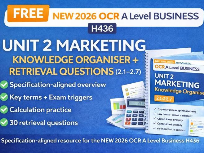FREE – NEW 2026 OCR A Level Business H436 – Unit 2 Marketing – KNOWLEDGE ORGANISER
