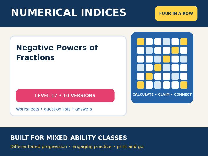 Numerical Indices – Negative Powers of Fractions – Four in a Row – 10 Worksheets + Answers