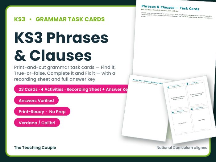 KS3 Phrases & Clauses Task Cards – 23 Grammar Cards + Answer Key