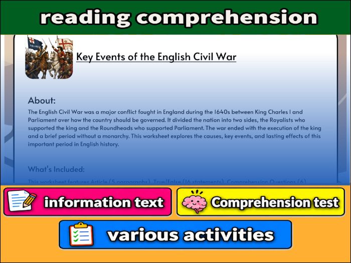 Key Events of the English Civil War - Comprehension 91����t & Activities