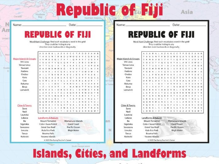 Republic of Fiji Geography Word Search | Islands, Cities, and Landforms Activity
