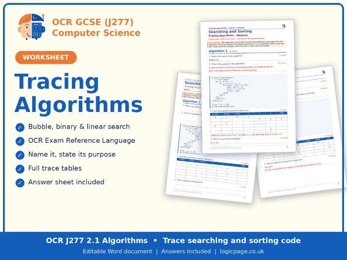 OCR J277 Computer Science Tracing Algorithms Worksheet