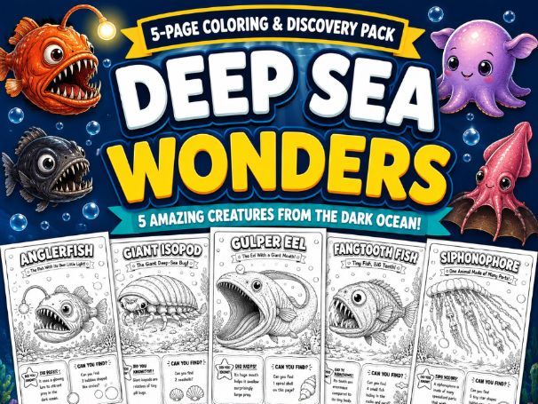 Deep Sea Wonders — 5-Page Coloring & Discovery Pack| K-Grade 2