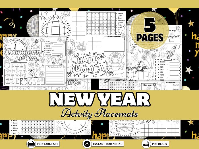 New Year’s Activity Placemats – Fun, Skill-Building New Year Worksheets for Grades 1–4