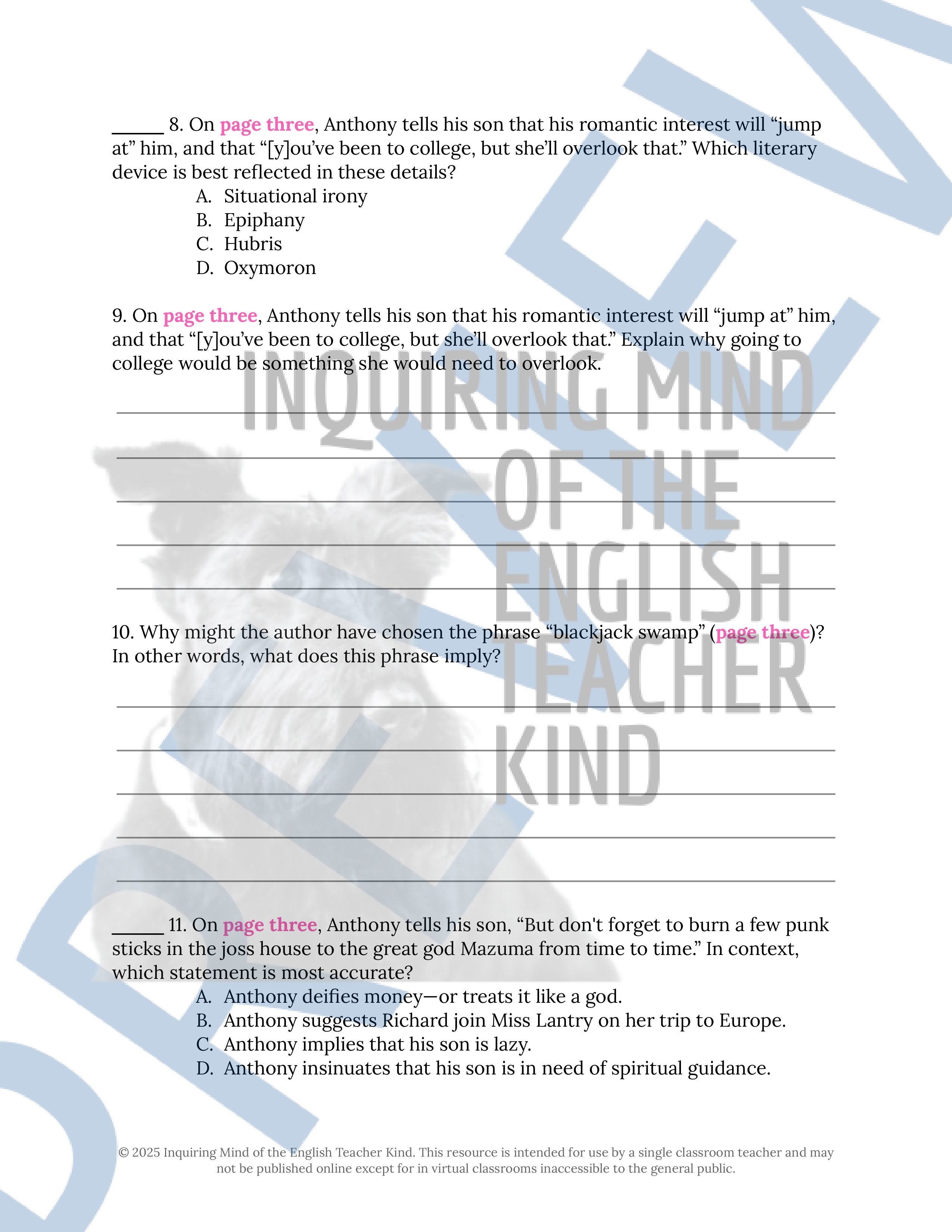 "Mammon and the Archer" by O. Henry Analysis Worksheet | Valentine's ...